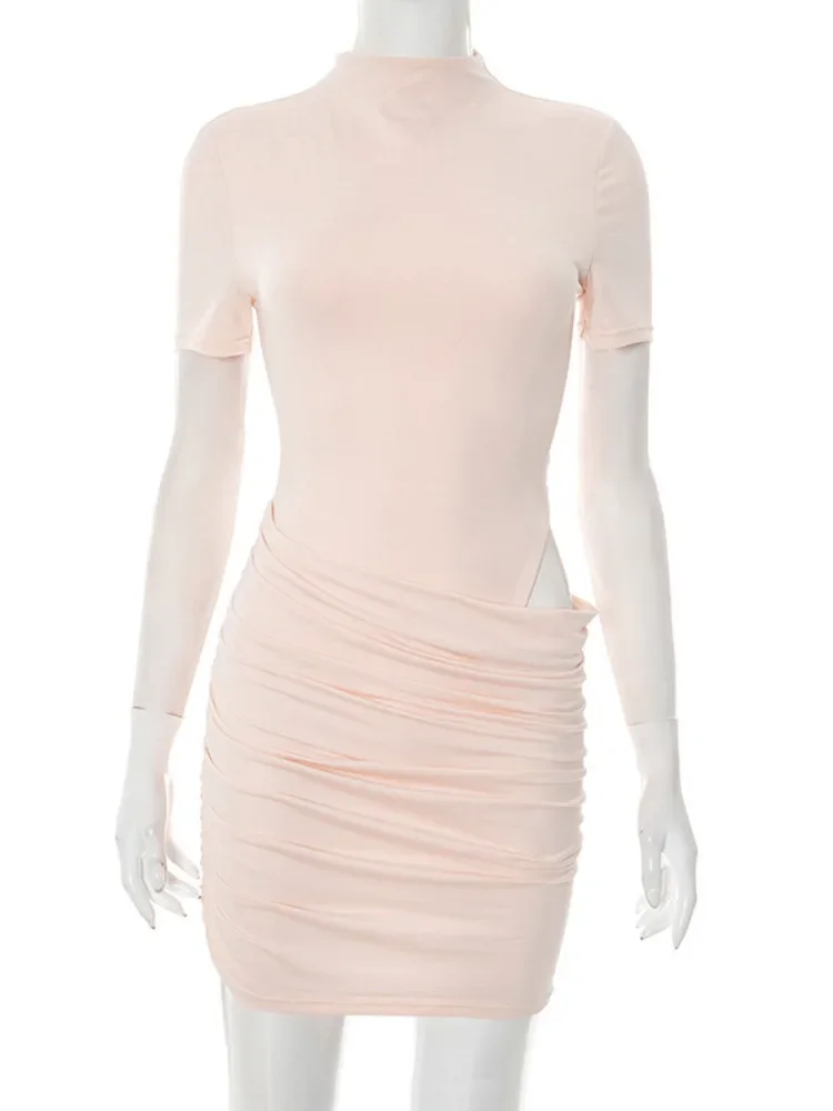 

2025 New Hollow Out Short Sleeve Ruched Sexy Mini Dress For Women Fashion Half High Collar Skinny Club Party Dresses Female