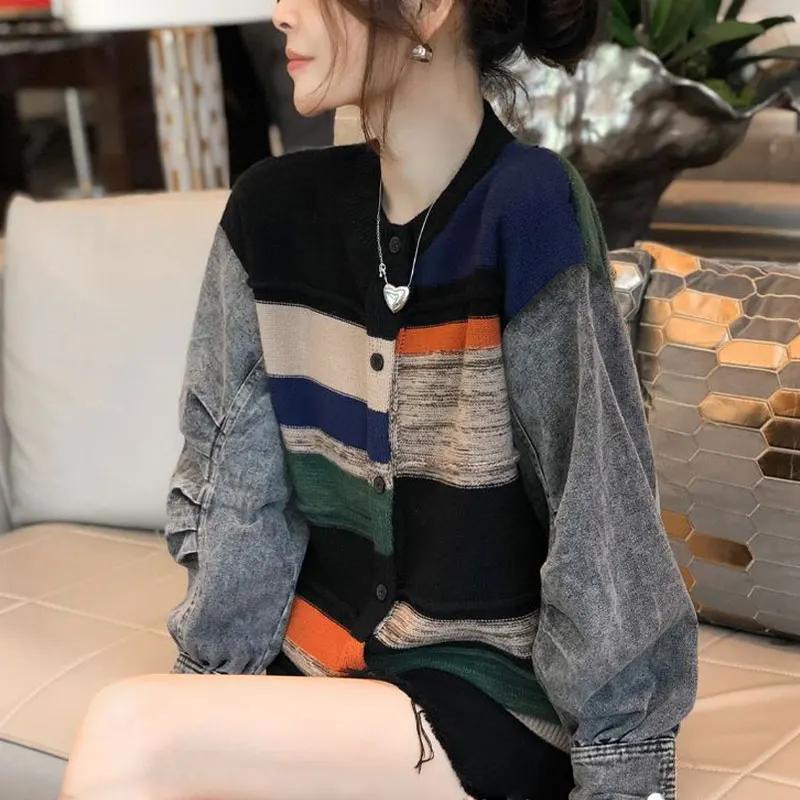 

Fashion Knitted Spliced Denim Coat Contrasting Colors Spring Autumn Single-breasted Female Clothing Casual Folds O-Neck Jackets