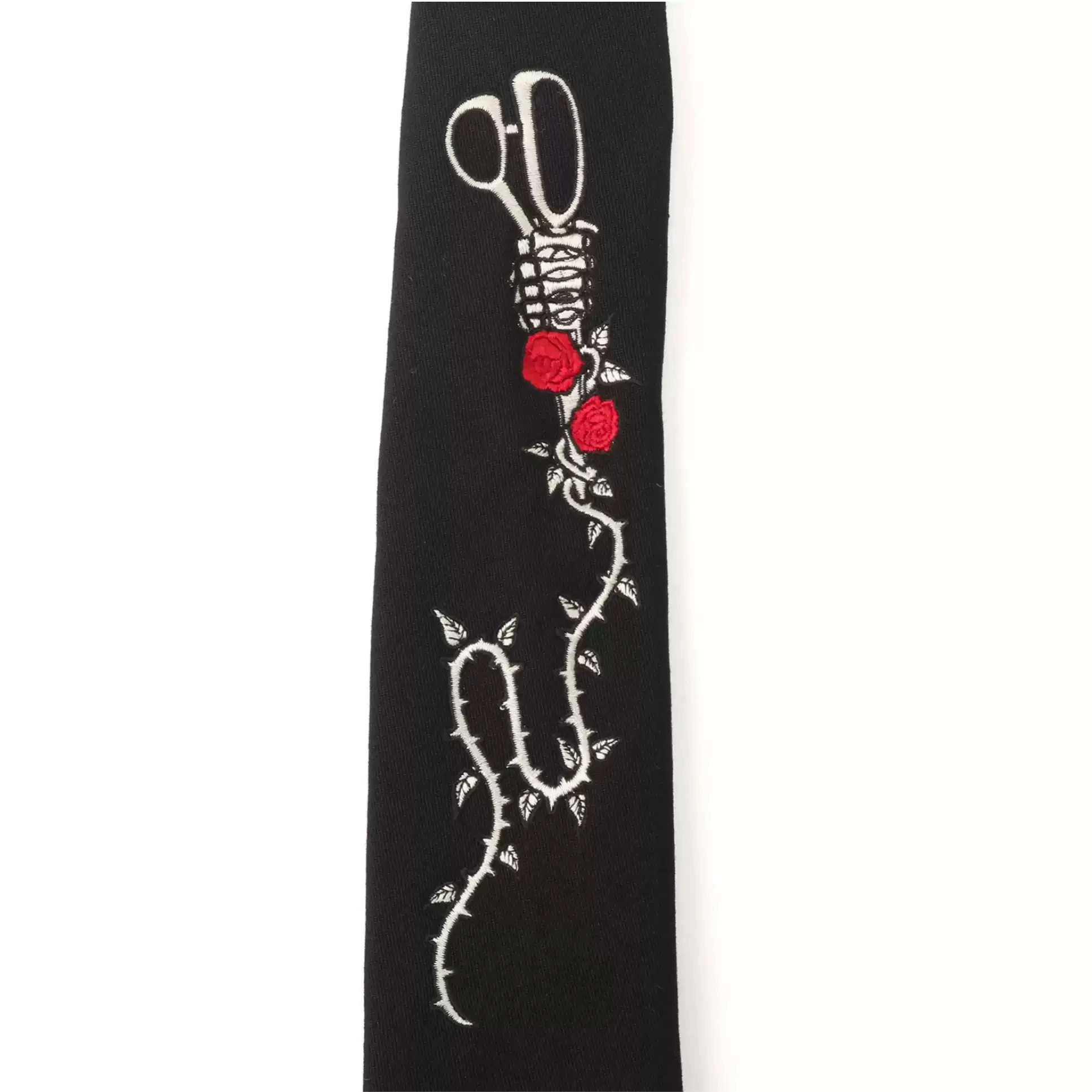 YOJI OOAK オリジナルデザイン ダークジャパニーズニッチ レッドローズシザー 手刺繍ウールネクタイ