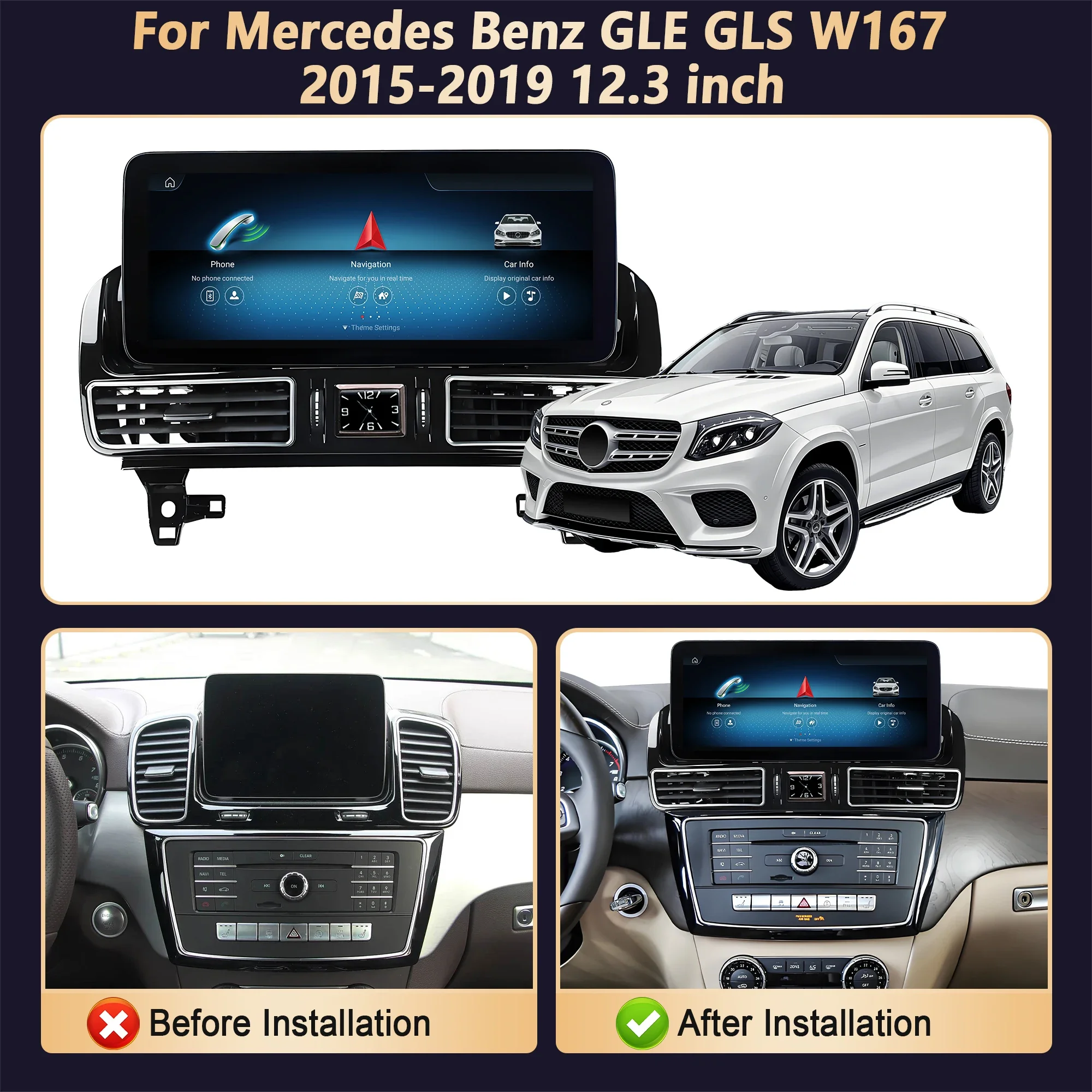 12.3'' Android 14 Wireless Bluetooth Carplay For Mercedes Benz GLE GLS W167 2015-2019 Car Radio Multimedia Snapdragon 685 Screen