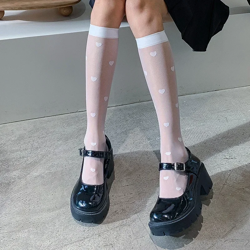 

Heart Print Stockings Women Ultra-thin Transparent Nylon Long Socks JK Lolita Sweet Girls High Elastic Knee High Socks