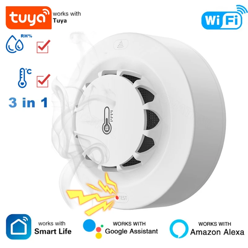 

Tuya Wi-Fi умный датчик температуры и влажности дымовая сигнализация 3в1 детектор дыма 80 дБ звуковая противопожарная защита для Alexa Google Home