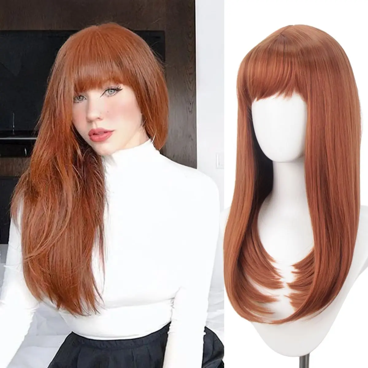 Anxin New Product Orange Long Straight Synthetic Hair Wig with Full Bangs for Women Daily Life or Party