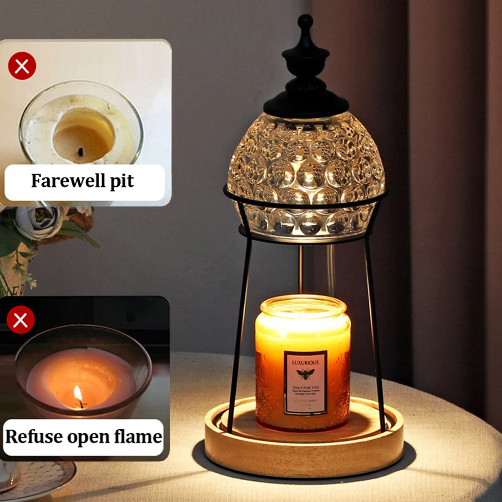 Electric Candle Warmer Flameless Wax Melting Light Creative Crystal Aromatherapy Desk Wooden Base Bedside Decor Candle Warm Lamp