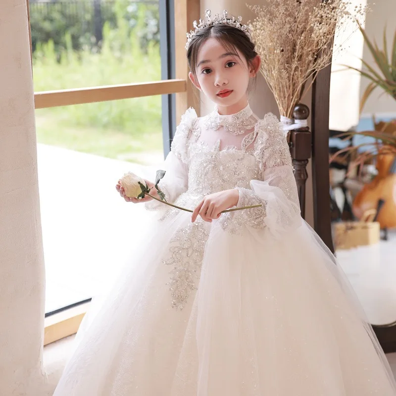 Kids Girls Formal Party Gowns Long Sleeve Wedding Princess Flower Girl Dress White Sequin Tulle Junior Bridesmaid Dress For Girl