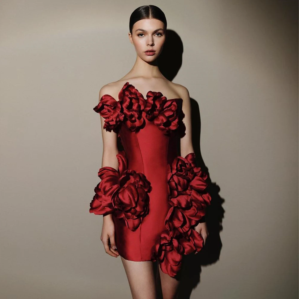 Cute 3D Rose Floral Mini Dress 2025 Couture Handmade Ruffled Flowers Short Prom Party Dresses Dark Red Blue Event Gala Dress