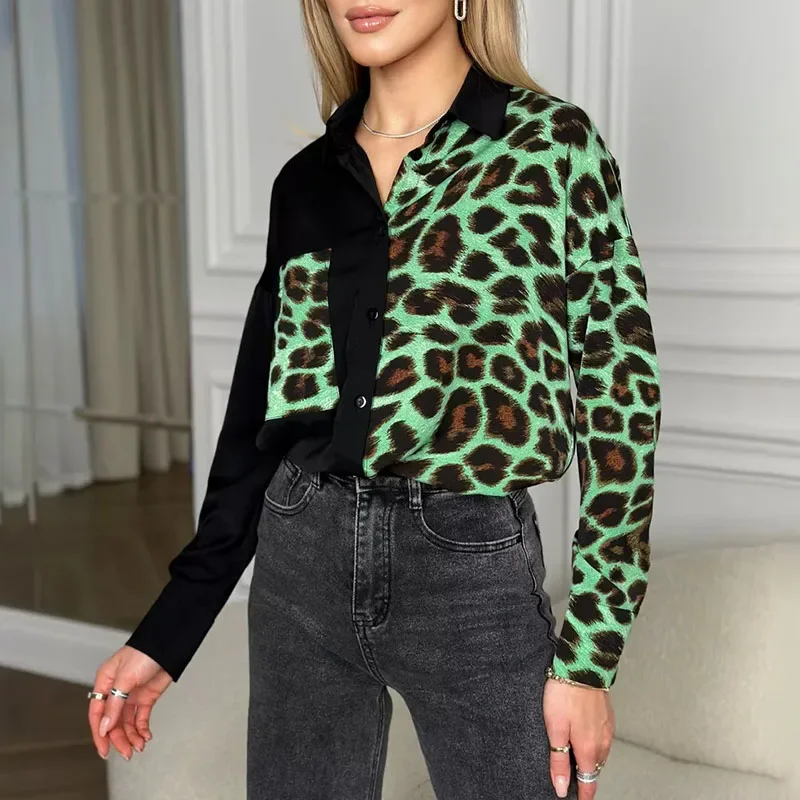 Wiosna jesień kobiety seksowny wzór w cętki koszule moda Patchwork damskie dorywczo luźne bluzki z długim rękawem skręcić w dół kołnierz topy