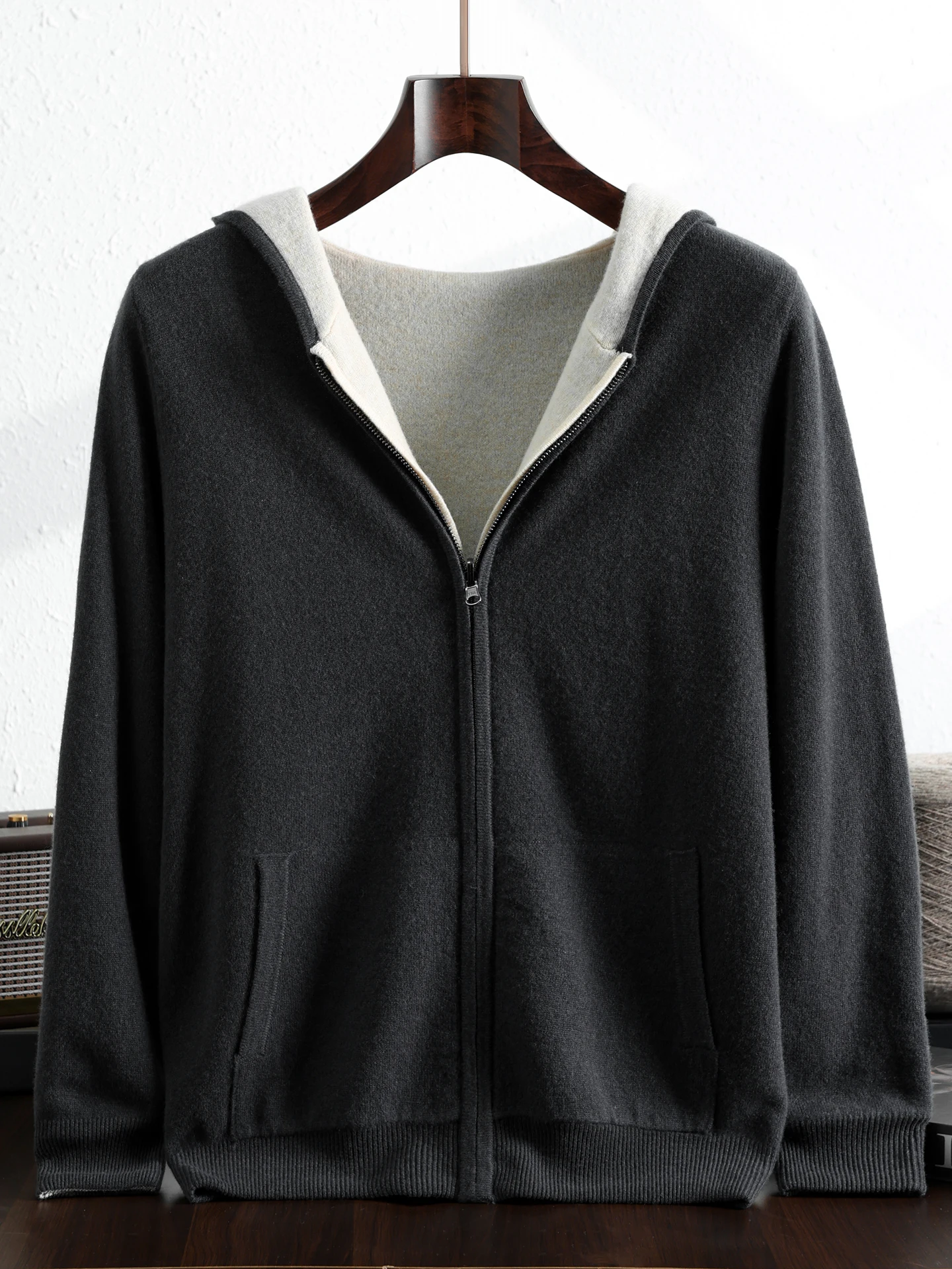 الذكية عادية 100% ميرينو الصوف الرجال سترة سميكة الخريف الشتاء الرجال محبوك مقنعين سترة الوجهين طويلة الأكمام الملابس القمم #6