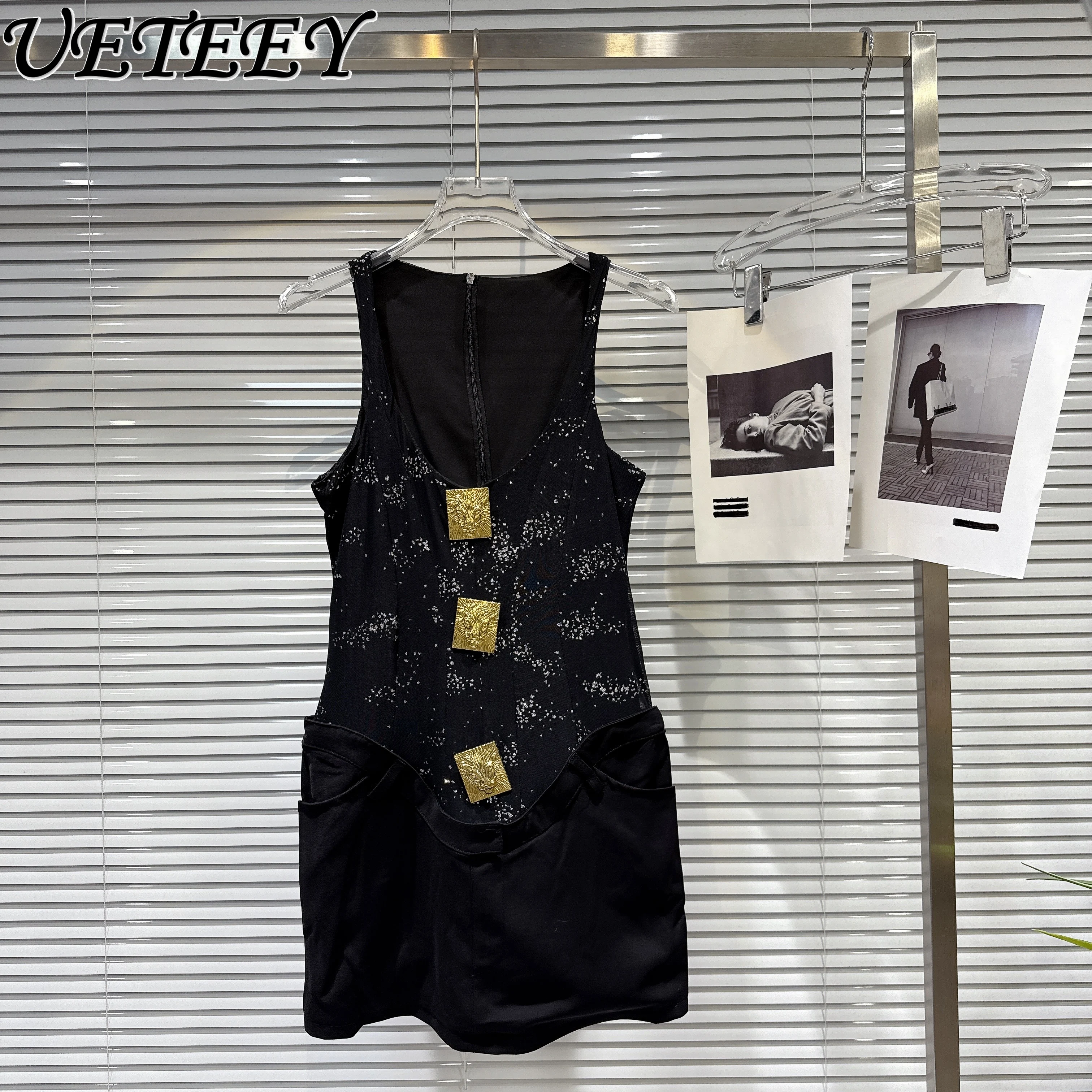 2025 Autumn New Fashion Socialite Metal Square Buckle Patchwork Backless Vest Dress Fashion Versatile Black Sleeveless Dress