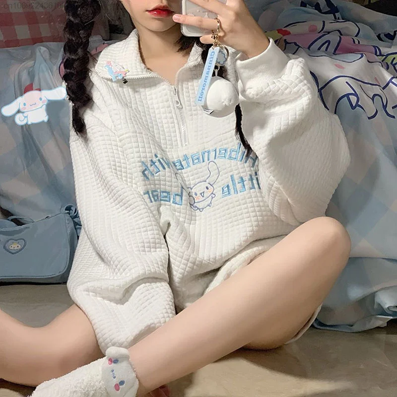 Sanrio Y2k Clothes Cartoon Cinnamoroll Embroidered Thin Waffle Pullover Kawaii Sweatshirts Women Tops Spring Long Sleeve Shirts