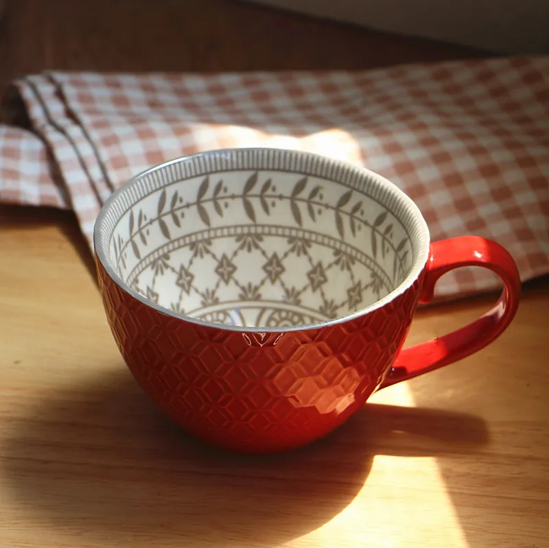 Ceramic Hand Painted Coffee Cup Mug for Tea Teacup Vintage Breakfast Cups Cafe Embossed Colorful Handpainted