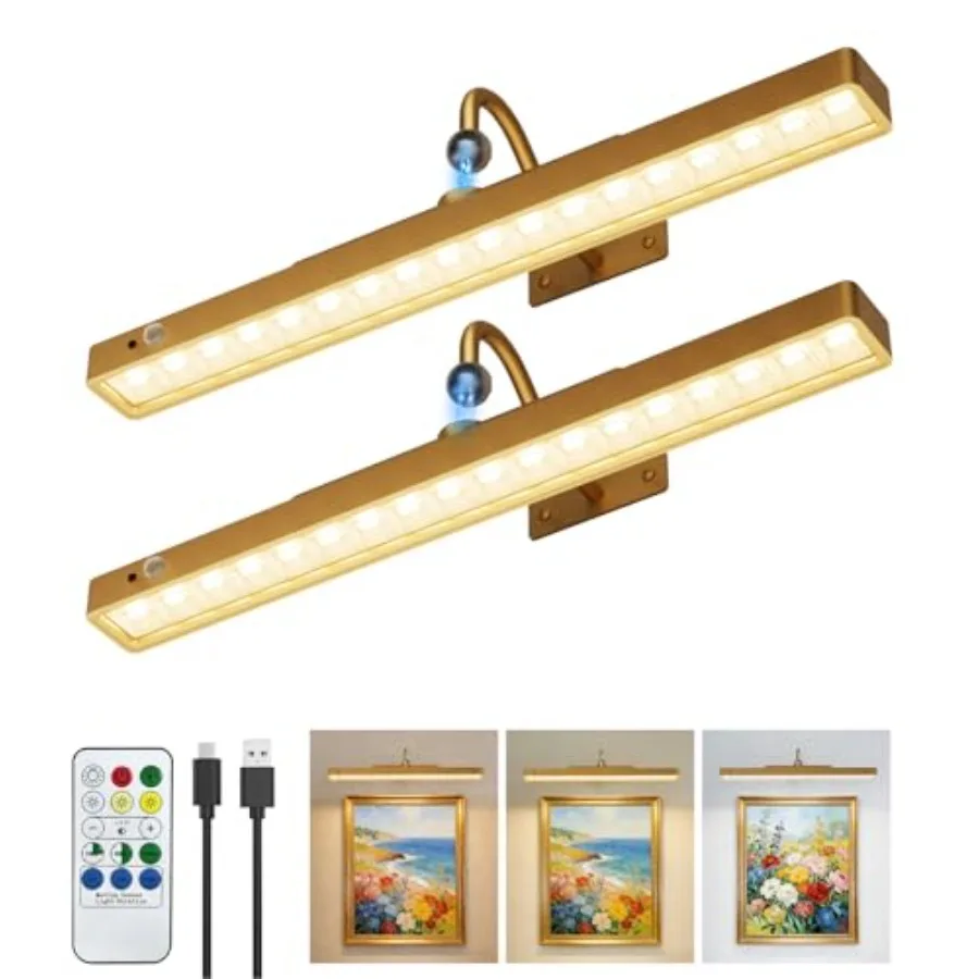 

16-дюймовые беспроводные светильники для картин на стену, 6000 мАч, на аккумуляторах, с датчиком движения, 3 режима цветовой температуры, диммируемые, с таймером, на магнитах