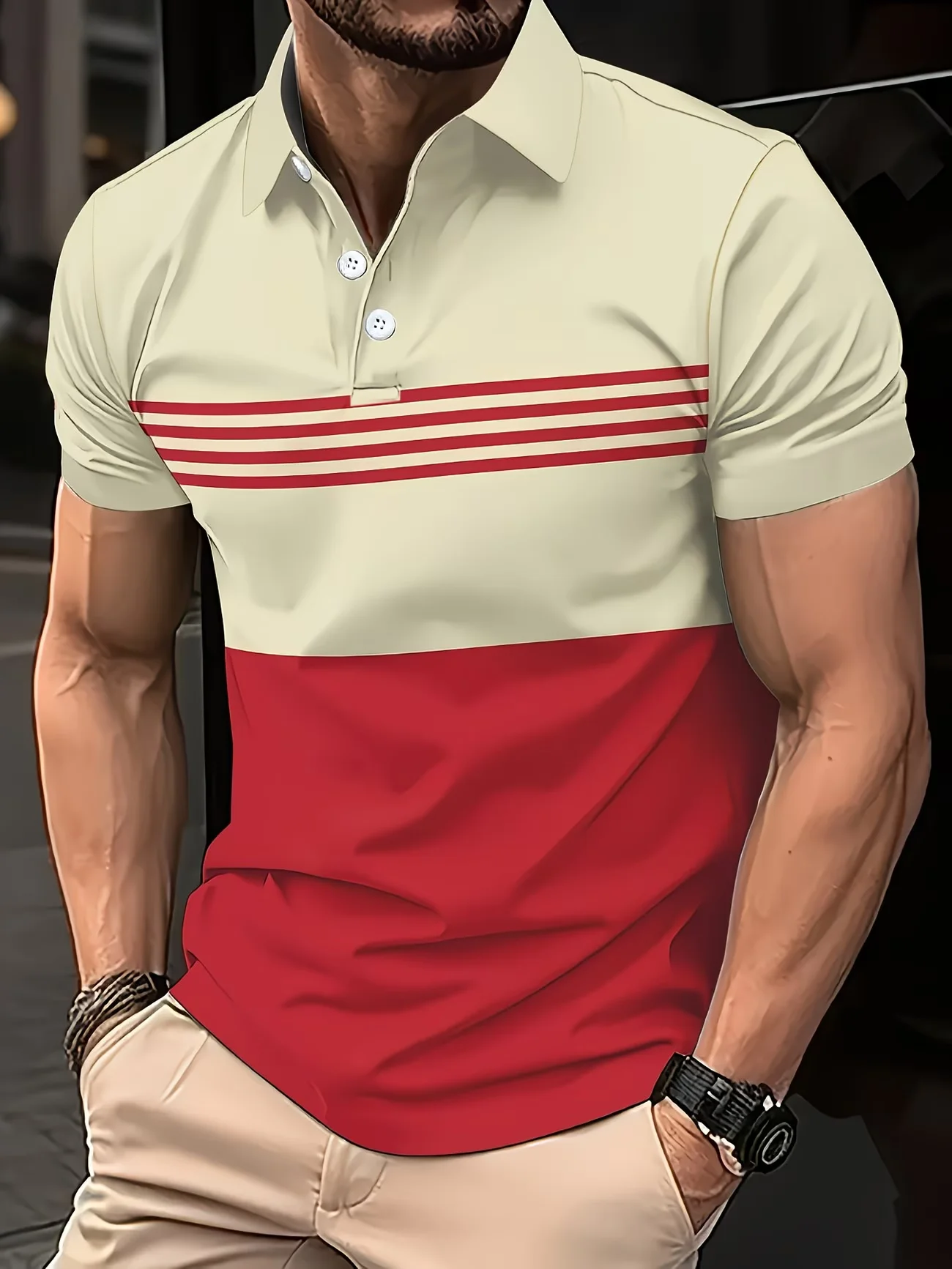 New men's printed polo shirt with contrasting colors and decorative lines, simple and stylish short sleeves suitable for daily w