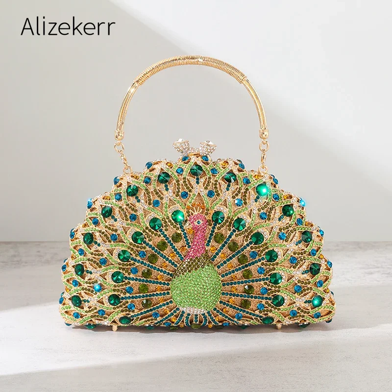 Alizekerr Gorgeous Peacock Crystal Evening Bags Women 2024 Sparkling Classy Half Round Diamond Purses And Handbags Wedding Party