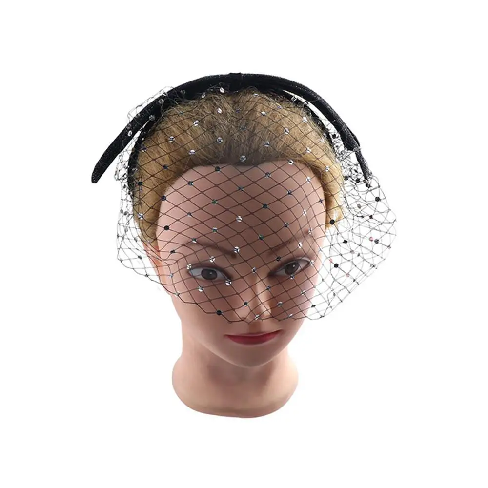 

Черная сетчатая повязка на голову с бантом в стиле ретро, вуаль принцессы и невесты, обруч для волос в корейском стиле, тканевая повязка на голову со стразами, повседневная