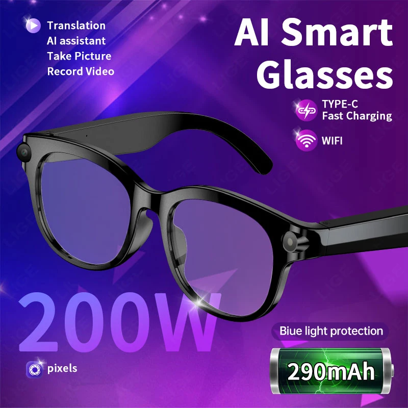LIGE Shoot Audio Video Music Player Smart Glasses Camera Bluetooth Call AI Real-time Translation Sunglasses Multifunctional Men