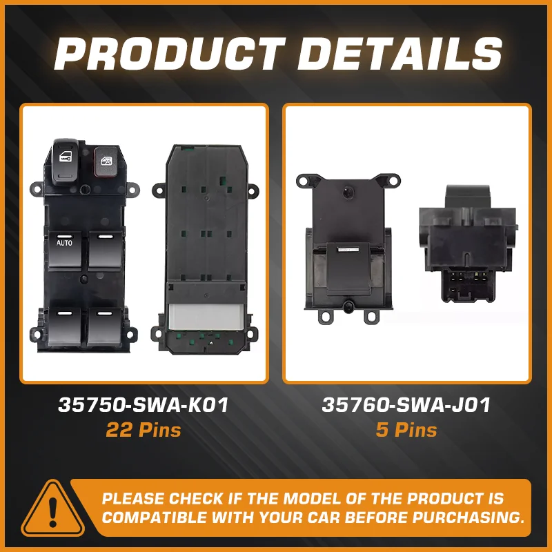 Car For Honda CR-V CRV 3th MK3 3 Gen 2007 2008 2009 2010 2011 Electric Master Window Control Switch 35750-SWA-K01 35760-SWA-J01