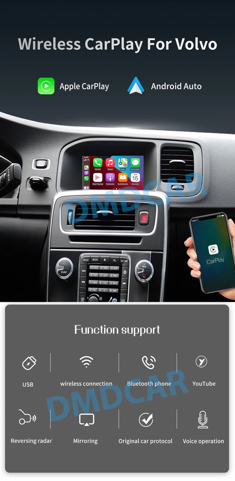 Wireless Carplay Android Auto Module Box Decoder For Volvo XC60 S60 V40 V60 Mirror Link