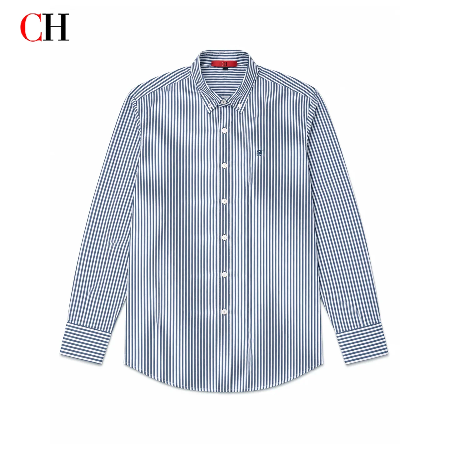 CH Mens Button Collar Thin Blue White Vertical Stripe Tone Embroidery Curved Hem Long Sleeve Shirt Office Daily Top