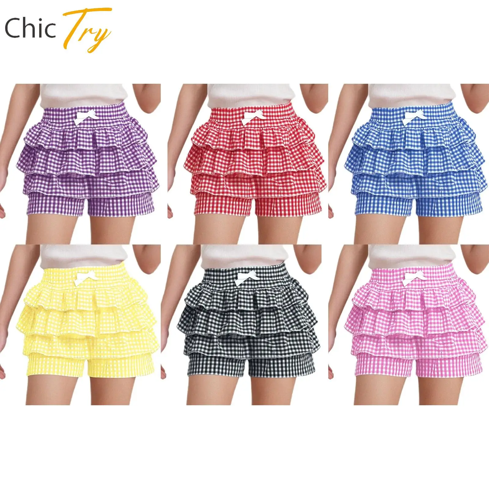 

Girl Lolita Skirts Cosplay Costume Halloween Carnival Theme Party Dance Costume Bow Elastic Waistband Tiered Ruffle Plaid Shorts