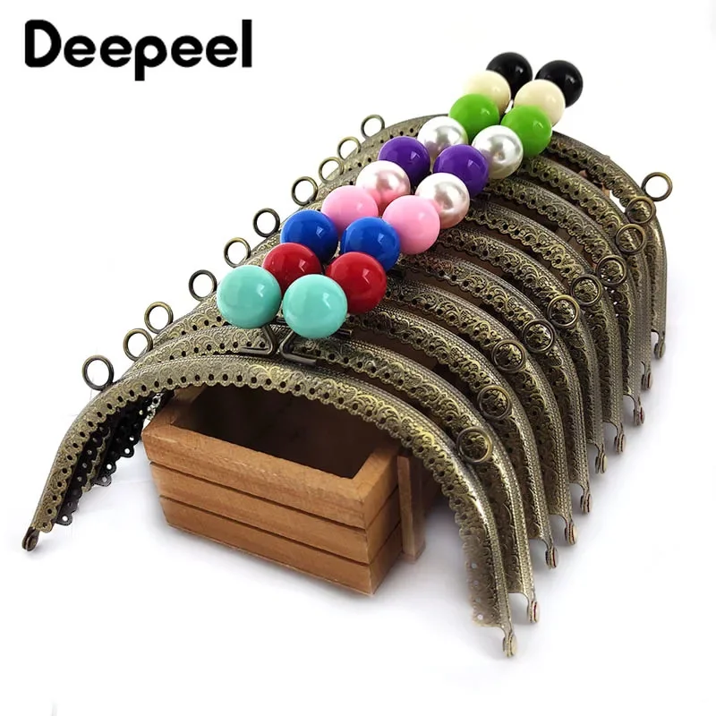 Deepeel 10Pcs 16.5cm Metal Bag Handle with Colored Bead Kiss Clasp Purse Frame Handles for Making Bags Handmade Sewing Brackets