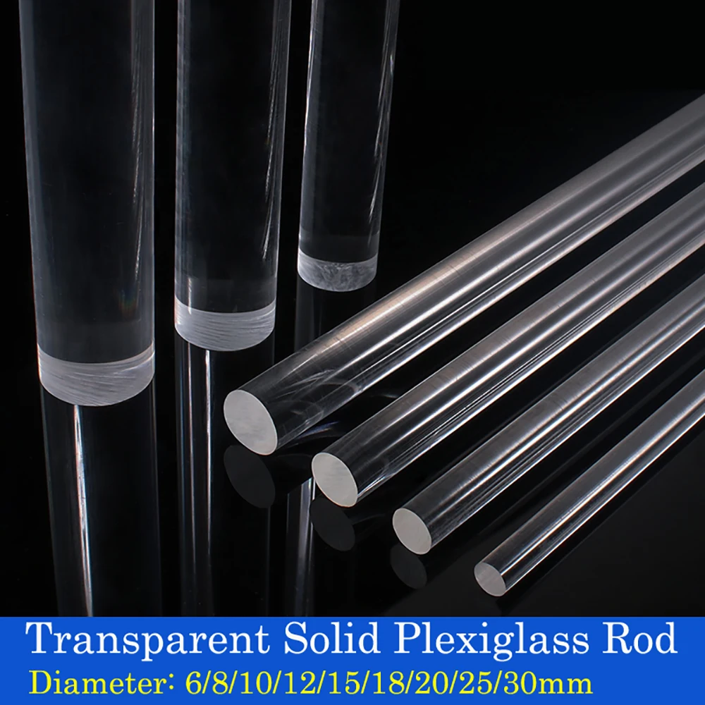 Haste redonda sólida acrílica, haste de vidro orgânico transparente, diâmetro 6 ~ 30mm para modelo arquitetônico, guia de luz de coluna, mancha, artesanato diy