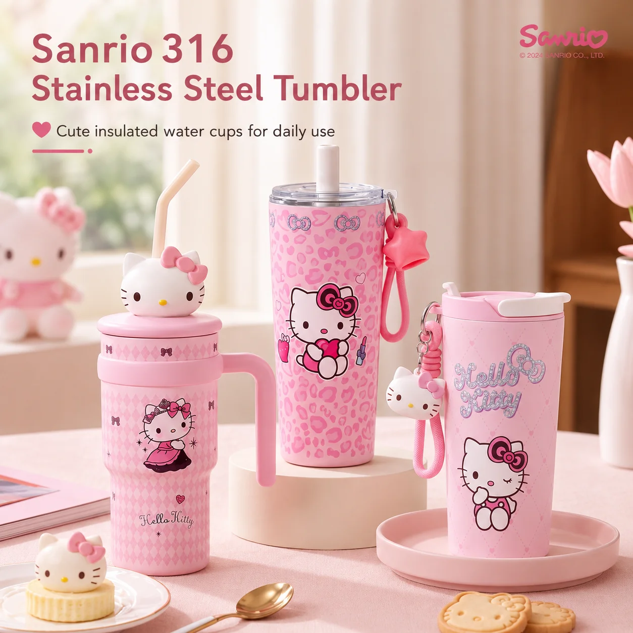 Neuer Sanrio Hello Kitty 316 Edelstahl Glitzernder Rosa Wasserbecher Tumbler für Herbst und Winter Heiße Getränke Sommer Kalte Getränke Geschenk