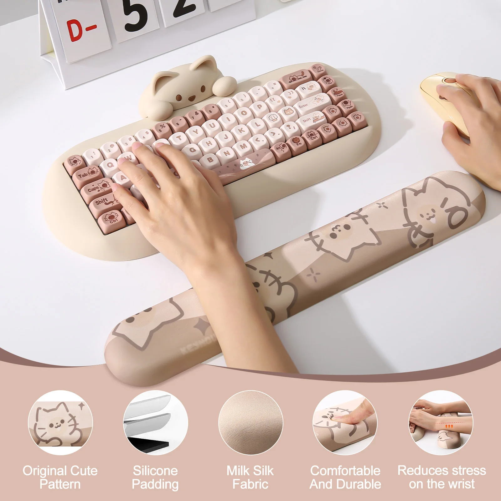 YUNZII Coffee Meow Ergonomic Cute Keyboard Wrist Rest with Slip Resistant PU Base for Office Gaming Computer Typing Pain Relief