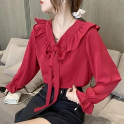 Spring Autumn Solid Fashion V-neck Long Sleeve Bow Blouses Women's Clothing Loose Korean Pullovers Simplicity All-match Shirts