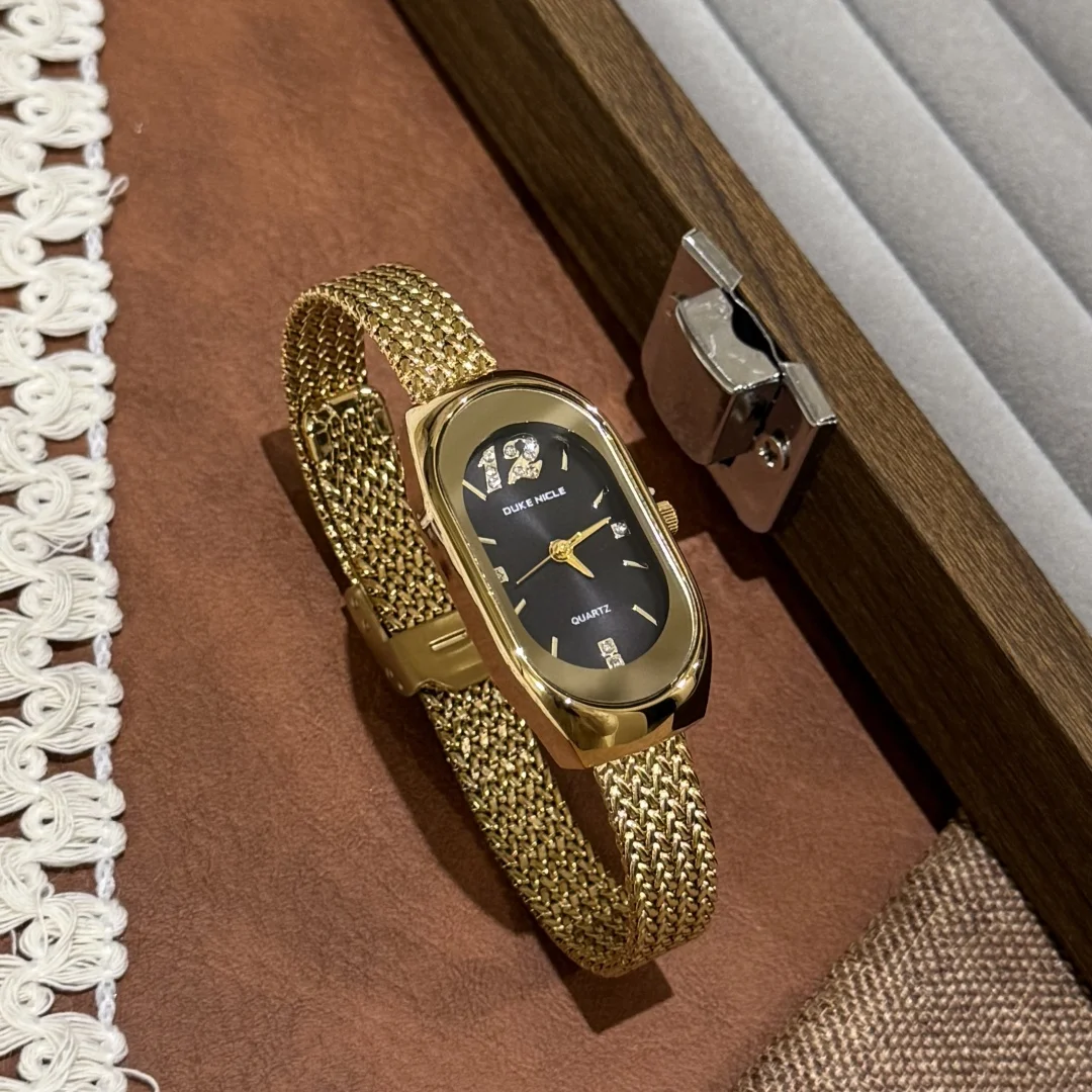 ساعة كوارتز بسيطة للنساء بحزام من الفولاذ المقاوم للصدأ بمينا بيضاوي وساعة يد للطالبات وساعات يد ذهبية للسيدات Relogio