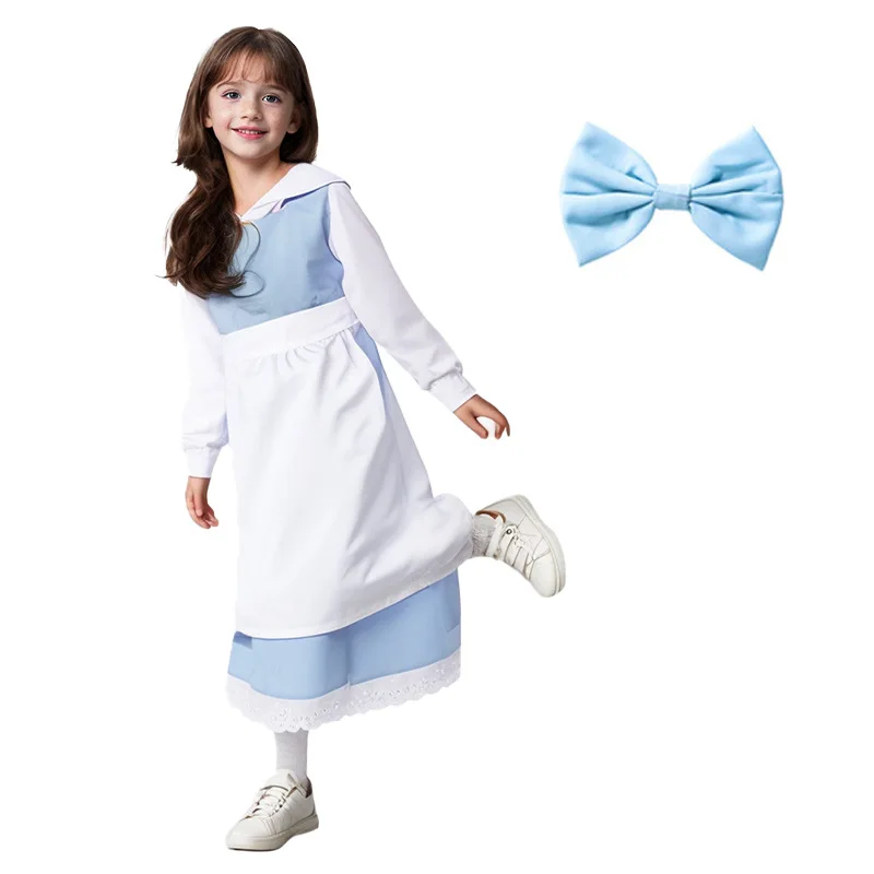 Vestido de princesa elegante, disfraz de Bella y La Bestia, vestidos azules para niños, delantal blanco de sirvienta, disfraces de fiesta de Halloween