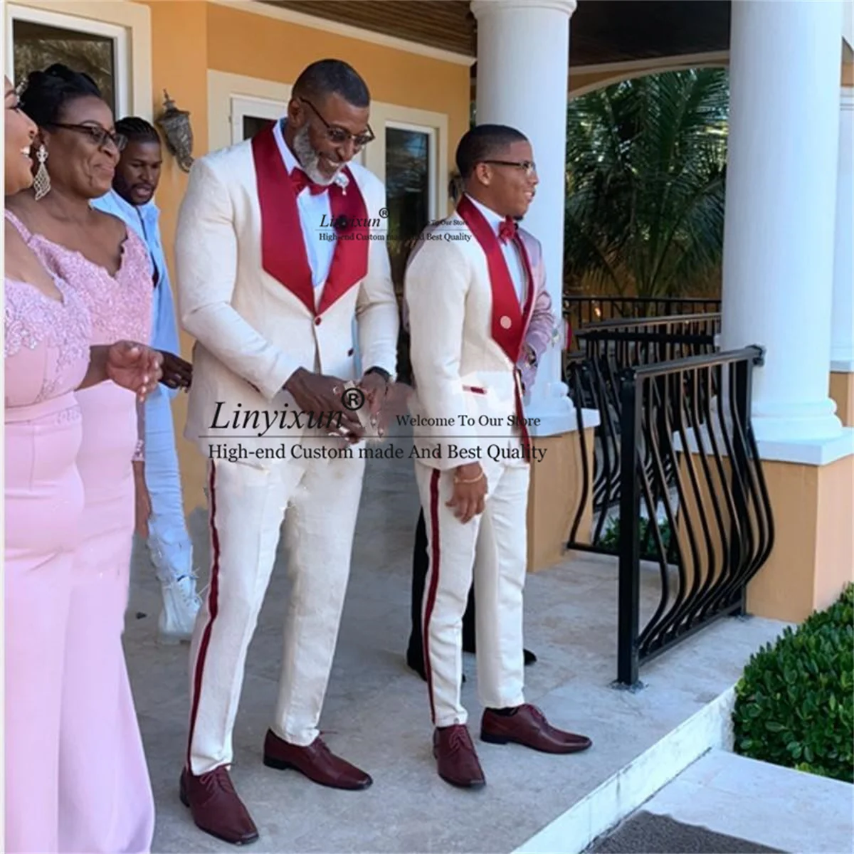 

Classic Jacquard Wedding Suits For Men Groom Tuxedos Burgundy Shawl Collar Groom Tuxedos 3 Pieces Set Groomsmen Blazer Terno