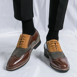 New fashion match color business dress shoes leather pointed lace-up men's shoes Brock carved shoes men's wedding shoes