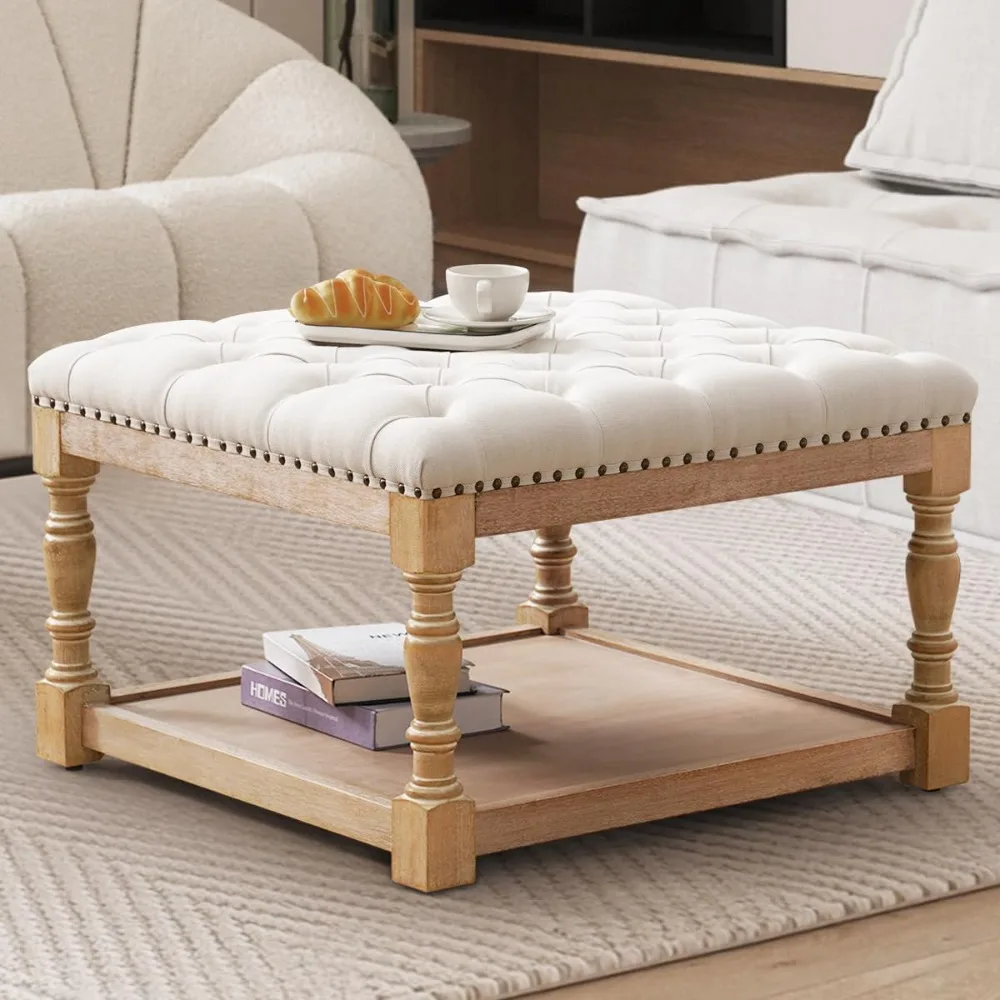 Large Square Footstool with Solid Wood Legs, Tufted Upholstered Design, Hassle-Free Assembly and Care, Stools & Ottomans