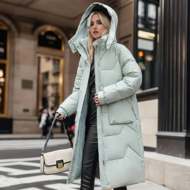 Parkas longas e quentes com capuz para mulheres, jaqueta, casaco de algodão espessado, à prova de vento, casaco de neve, moda feminina, novo