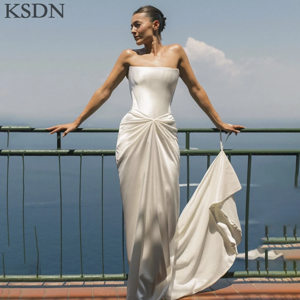 

KSDN Formal Strapless Evening Dress for Elegant Women Chic Sleeveless Pleat Chapel Train Dresses Special Occasion Gowns Vestidos