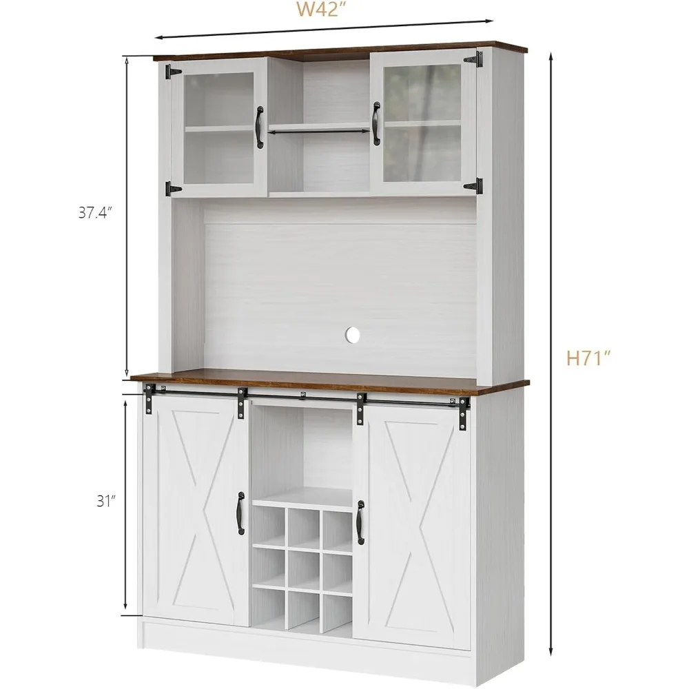 Wine cabinet Cabinet with Hutch, 72'' White Hutch Cabinets with 2 Glass Doors, Tall Wine Bar Cabinet with 9 Wine Racks