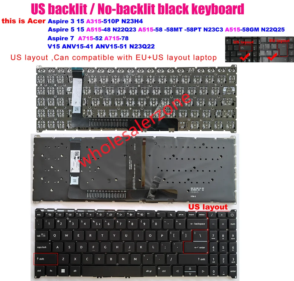 US Keyboard For Acer Extensa 15 EX215-23 N23C3,EX215-33,EX215-55