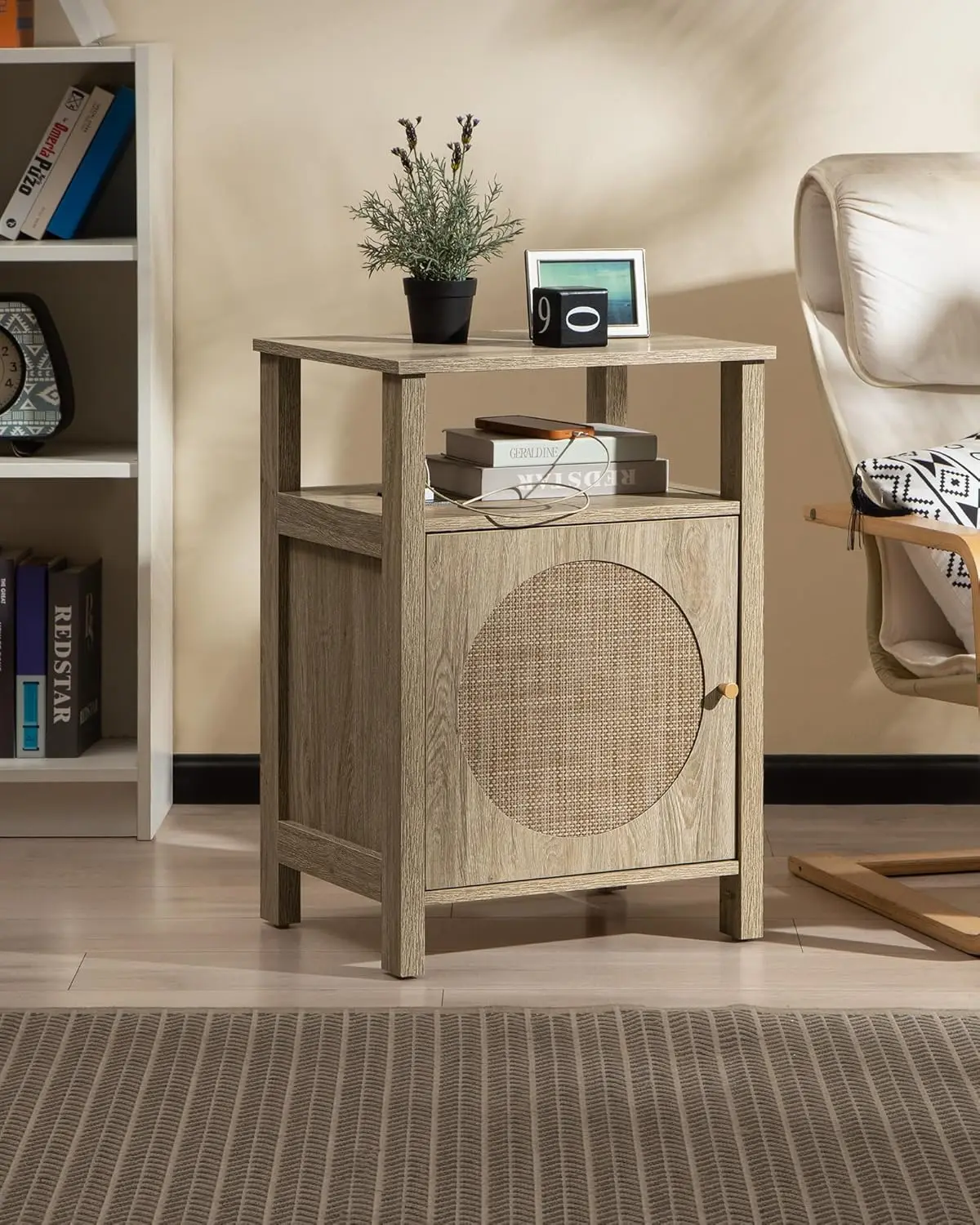 Rattan Nightstand Set of 2,  Tall Night Stand with Charging Station, Wooden Farmhouse Bedside End Table