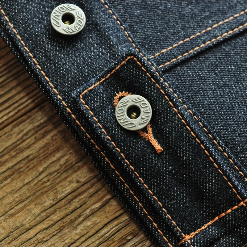 Saucezhan 남성 데님 재킷 Sanforized Indigo Selvedge Denim 오토바이 작업 재킷 18 Oz 레귤러 핏
