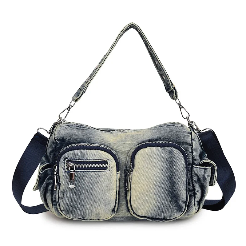 Luz de luxo retro denim saco para as mulheres 2025 novo item nicho multi bolso design ombro único axila saco casual picante menina saco