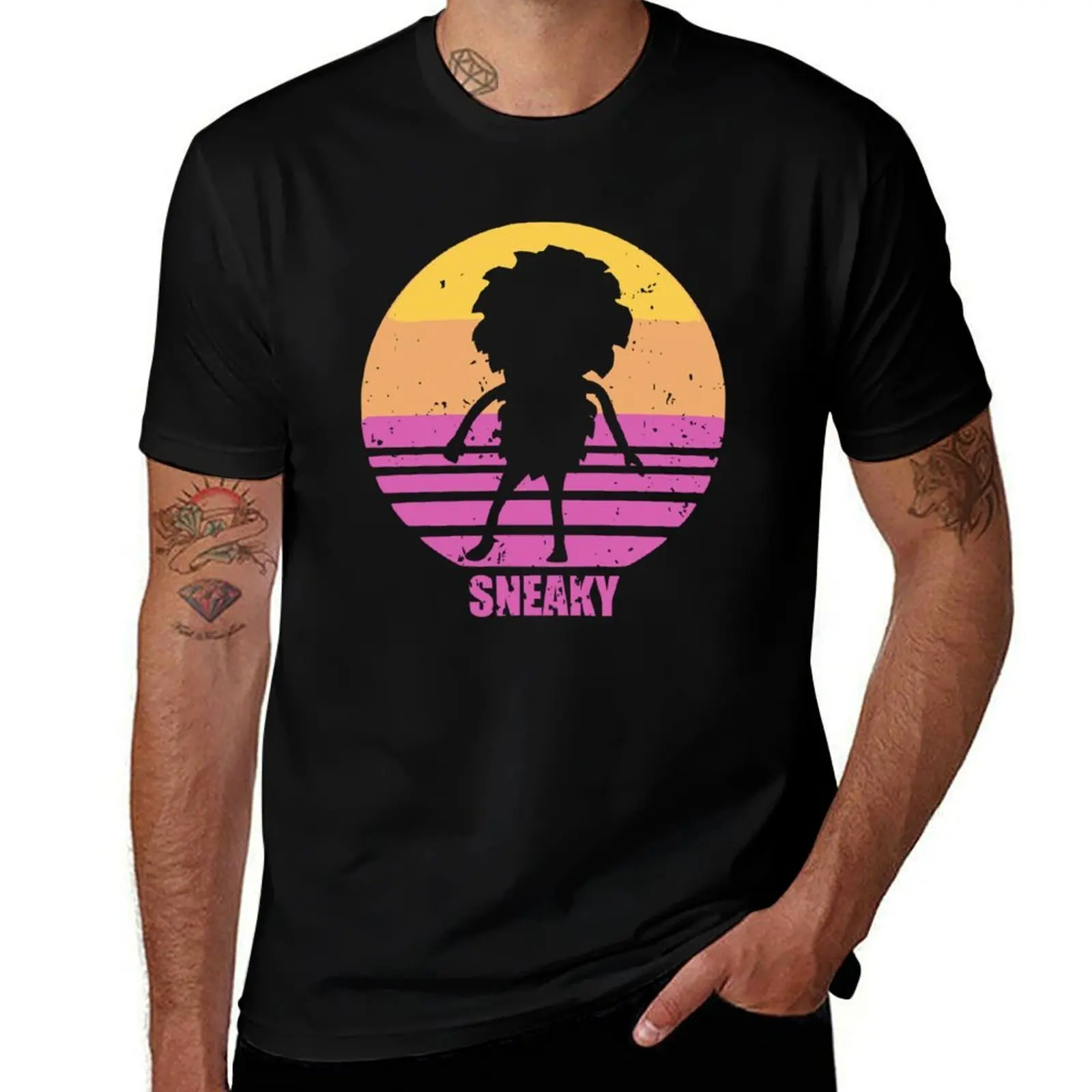 Sneaky Sasquatch Silhouette Distressed Sunset Vaporwave T-Shirt Breathable Lightweight Summer Top T-Shirt