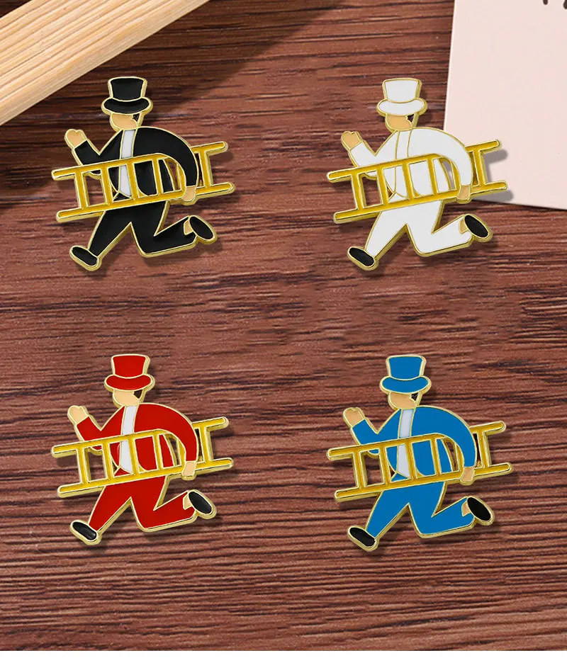 Cartoon character carrying stairs running design brooch cute and funny outfit suit gentleman carrying ladder badge