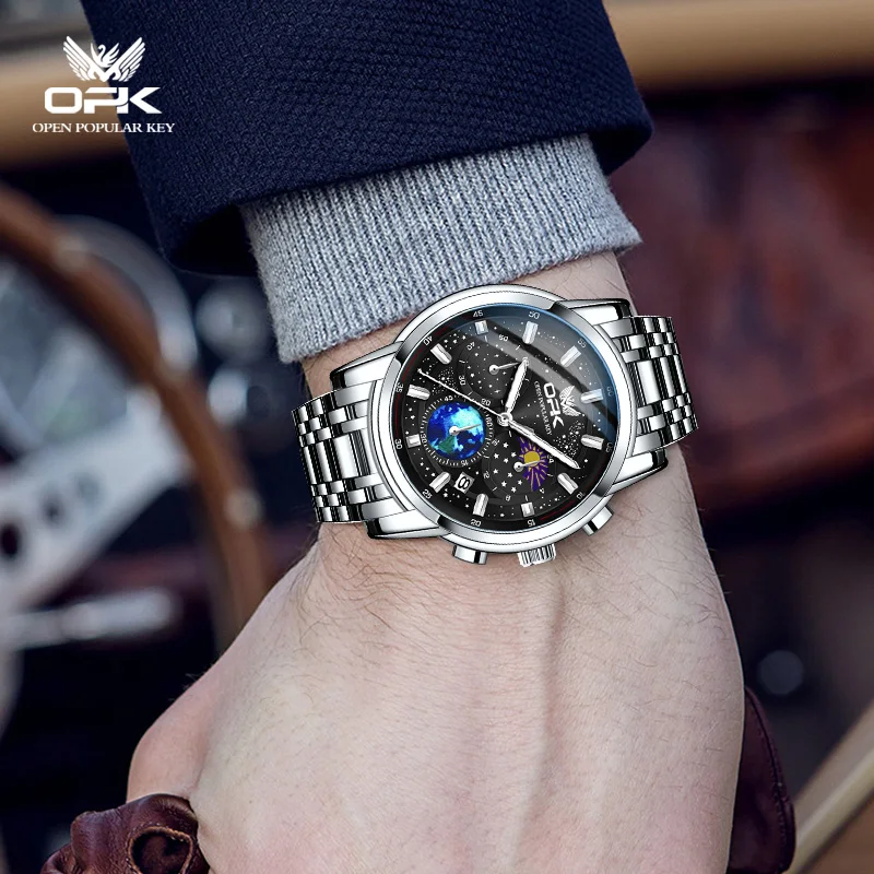 OPK Brand Steel Belt Dual Calendar Men's Quartz Watch 8142
