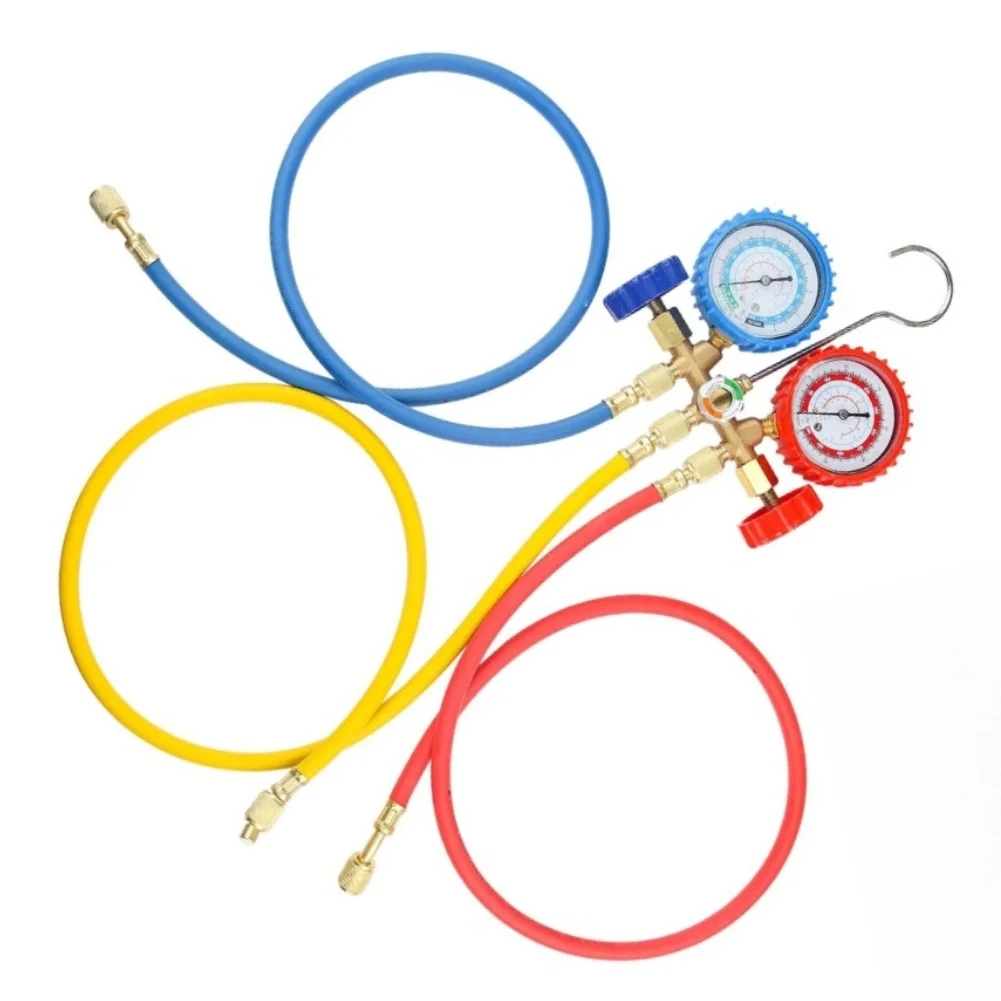 Automotive HVAC Manifold Gauge Set with Built-in Sight Glass and 3-Way Hose Setup for R502 R134a for r12 for r22 System Pressure