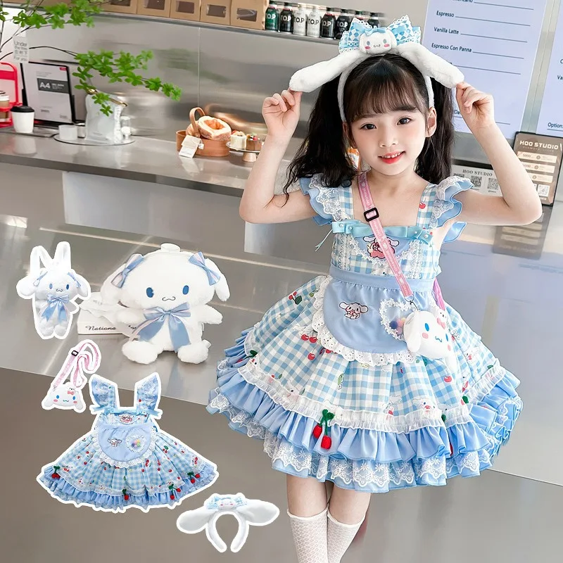 Vestido de manga curta Kawaii para crianças, anime fofo, coração feminino, bolsa, clipe de cabelo, saia, presentes para crianças, Sanrio Cinnamoroll, Ins Princess, verão