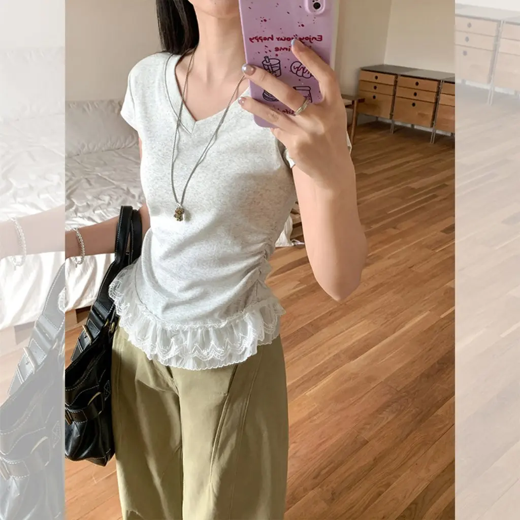 

Women's Pure White V-neck T-shirt Lace Stitching Slim-fit Summer Short-sleeved Shoulder Top