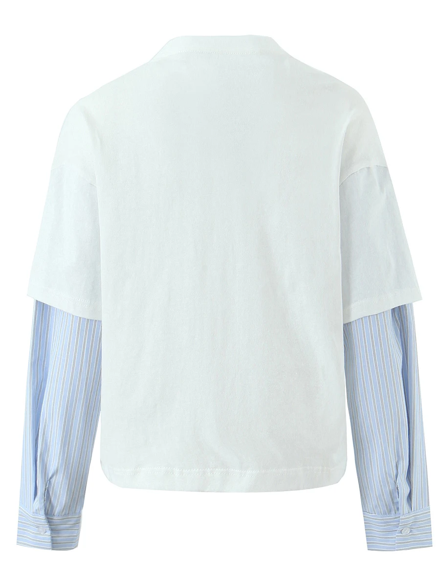 تي شيرت نسائي فضفاض طويل من American Sle تي شيرت نسائي مستدير Ne مخطط irt Sve مكون من قطعتين تي شيرت قطني متعدد الاستخدامات غير رسمي #2