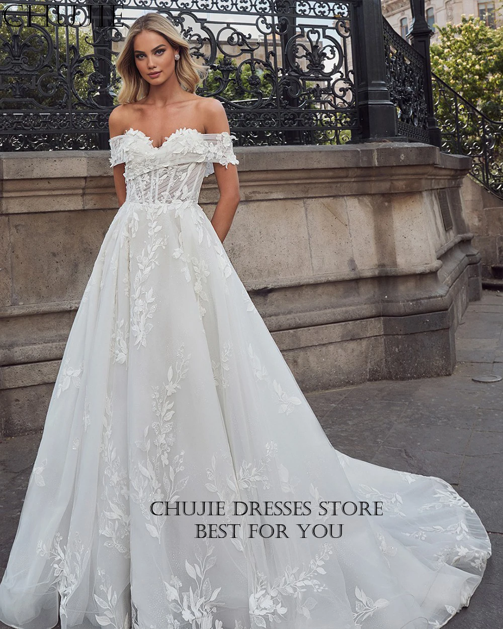 

A Line Pleat Lace Appliques Wedding Dresses Classic Off Shoulder Bridal Gowns Elegant Woman Customized Bride Dress With Train