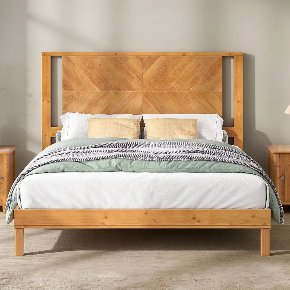 

Solid Wood King Size Bed Frame with Headboard, Mid Century Modern Style Platform Bed with UnderBed Storage, No Box Spring Neede